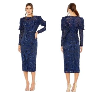Mac Duggal 5590 Embellished Puff Sleeve Dress Midnight Blue Size 14 NWT